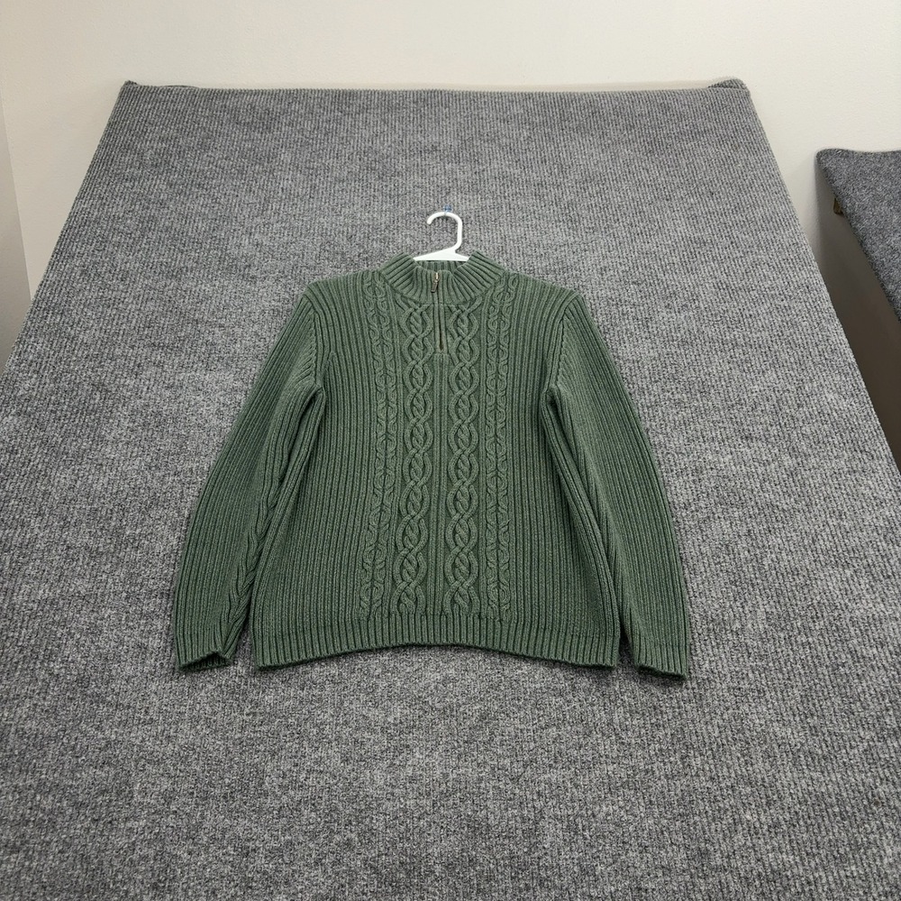 Lands End Sweater Womens L Green Cotton Cable Knit Quarter Zip Mock Neck Classic